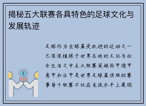 揭秘五大联赛各具特色的足球文化与发展轨迹