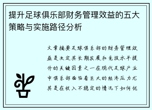 提升足球俱乐部财务管理效益的五大策略与实施路径分析
