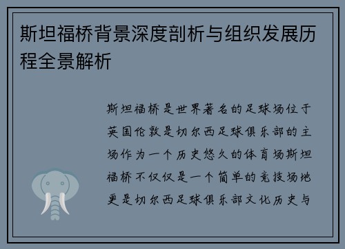 斯坦福桥背景深度剖析与组织发展历程全景解析