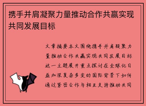 携手并肩凝聚力量推动合作共赢实现共同发展目标
