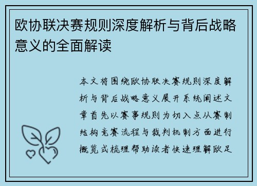 欧协联决赛规则深度解析与背后战略意义的全面解读