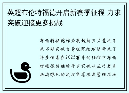 英超布伦特福德开启新赛季征程 力求突破迎接更多挑战