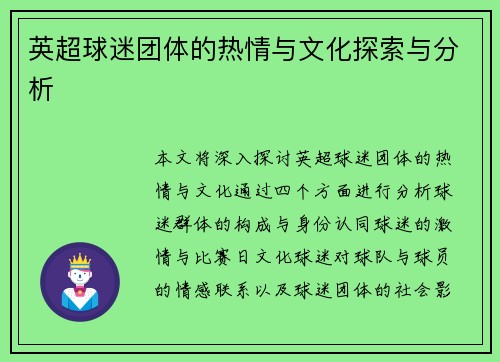 英超球迷团体的热情与文化探索与分析