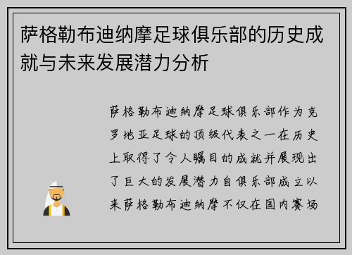 萨格勒布迪纳摩足球俱乐部的历史成就与未来发展潜力分析