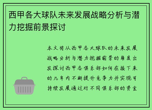 西甲各大球队未来发展战略分析与潜力挖掘前景探讨